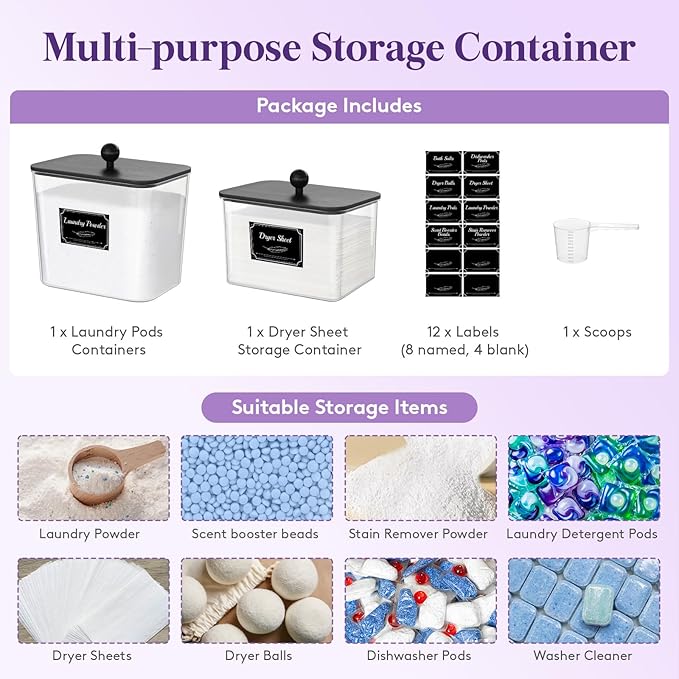Lifewit Laundry Pods Container with Lid, Dryer Sheet Holder, Room Organization Storage for Coffee Pods Kcup Washing Powder, Scent Booster Beads, 2600 +2000ml/0.53+0.7gal，Black,2 Pcs