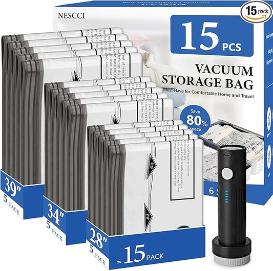 NESCCI Travel Vacuum Bags for Clothing with Rechargeable Wireless air Pump,15 Pack Compression Packing Bags for Luggage Suitcase,Carry-on Size Space Saver Vacuum Storage Bags