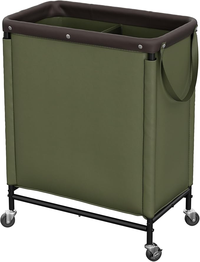 StorageWorks Laundry Hamper 2 Section, 100L Rolling Laundry Sorter Cart with Removable and Washable Liner Bag, Clothes Hamper with Wheels and Handle for Laundry Room and Bedroom, Green