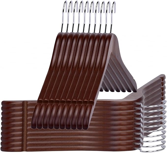 Quality Semi Curved Wooden Suit Hangers, 80-Pack Smooth Finish Solid Wood Coat Hanger with Swivel Hook, Jacket, Pant, Dress Clothes Hangers (Walnut - Chrome Hook, 80)