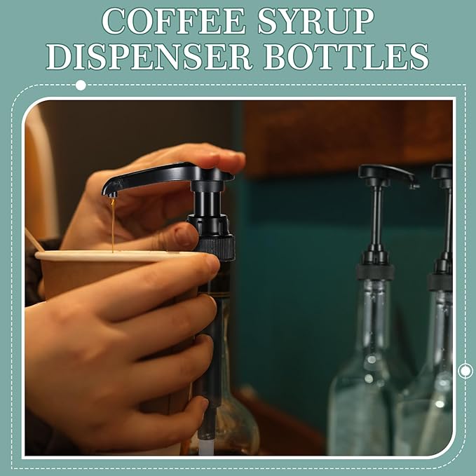 Maxdot 6 Pcs 25 oz Syrup Bottles with Pump Long Neck Bottles Plastic Syrup Pump Dispenser for Coffee Bar Accessories Home Party (Black)