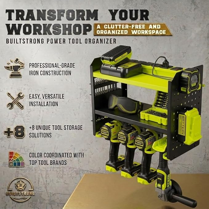 BUILTSTRONG Power Tool Organizer Wall Mount – 3-Tier Heavy-Duty Steel Rack, 4 Drill Slots, Pegboard + Utility Side, 100 lb Capacity – Garage, Workshop & Shed Storage (Green)