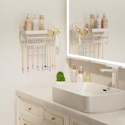 Lolalet Wall Mounted Hanging Jewelry Organizer, 15 Hooks Wooden Necklaces Holder with Storage Shelf, Easy Install Earrings Bracelets Hanger -White