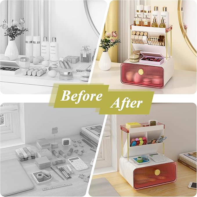 FOLLOWIN Bathroom Organizers and Storage with Drawer, Vanity Storage Organizer with Makeup Brushes Holder, Perfume Lotion Cosmetic Organizer, Blush Pink