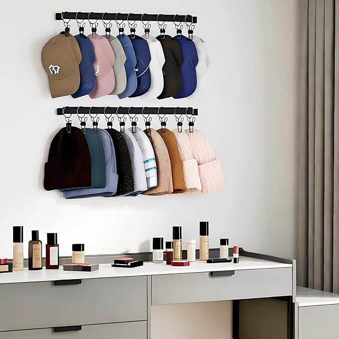 Hat Rack for Wall Baseball Cap Set of 2, Metal Hat Hanger with Steel Clips, Wall Mount Cowboy Hat Storage Display Sock Scarf Organizer for Door Closet Entryway Bedroom