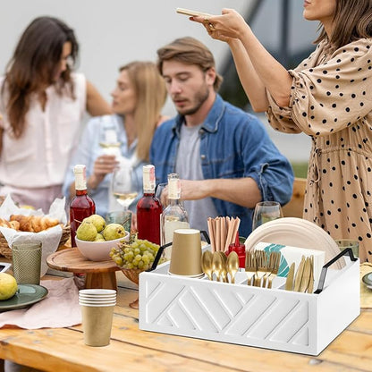 Ukonvi Paper Plate Dispenser and Holder for Kitchen Counter, Wood Rustic Silverware Utensil Caddy, Cutlery Flatware Organizer Box for Cups Spoons Forks Napkins, Kitchen Accessories