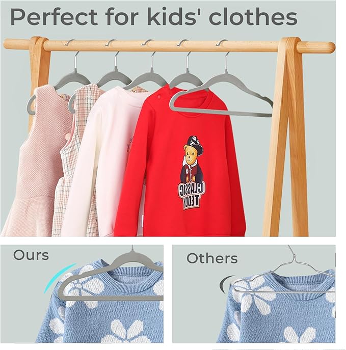 ManGotree 14 Inch Kids Velvet Hangers for Closet, Ultra-Thin Space Saving Children's Clothes Hangers, Non-Slip Felt Toddler Hanger for Youth's Clothes (32 Pack, Grey)