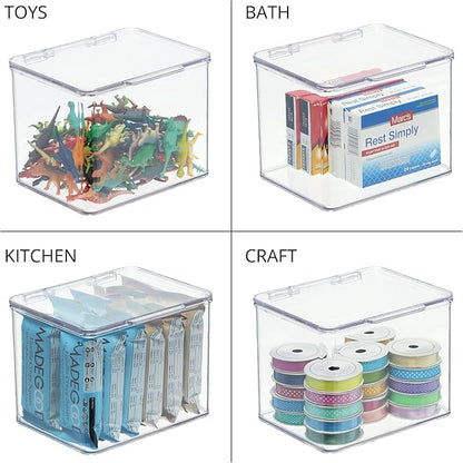 mDesign Plastic Bathroom Storage Organizer Box w/Hinge Lid for Closet, Shelf, Cupboard, Vanity, Hold Medicine, Lotion, Cotton Swabs, Masks, Styling Tools, Lumiere Collection, 8 Pack, Clear