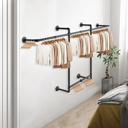 Livabber Industrial Pipe Clothes Rack, Heavy Duty Detachable Iron Garment Rack Wall Mounted, Rustic Saving Space Clothes Bar Multi-Purpose Hanging Rod for Bedroom, Closet, 2 Tier, Black (82 Inch)