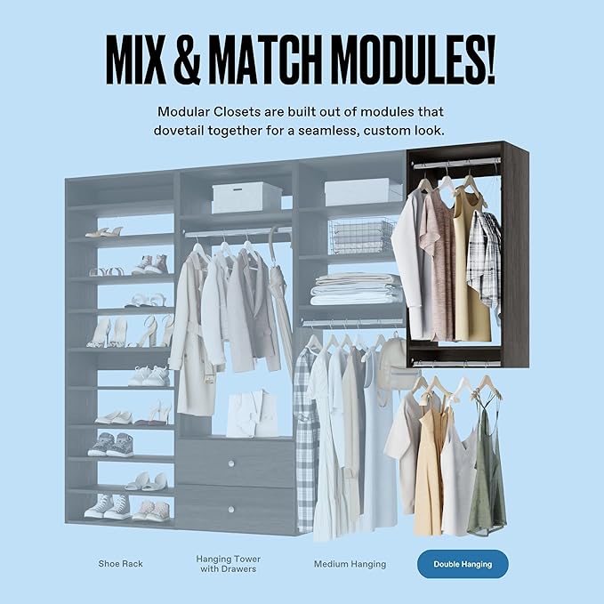 Medium Hanging Closet Unit - Modular Closet System For Hanging - Corner Closet System - Closet Organizers And Storage Shelves (Grey, 24 inches Wide) Closet Shelves