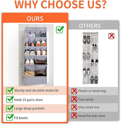 FENTEC 1 Pack Over-the-Door-Shoe-Organizers,Hanging Organizers with Large Pocket Shoe Holder Hanging Shoe Rack for Closet Shoe Organizer for Wall, Over Door Organizer with 15 Pockets Gray