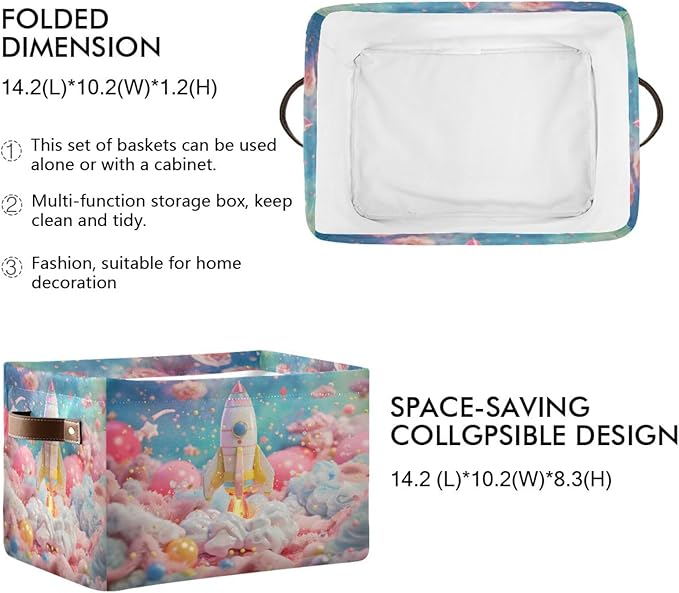 Large Storage Basket Rocket Pink Storage Bin Cube Canvas Fabric Organizer Handles Collapsible for Clothes Toys Bedroom Decorative
