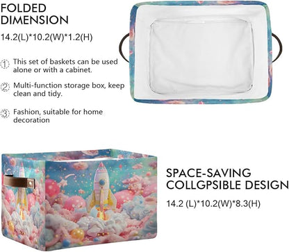 Large Storage Basket Rocket Pink Storage Bin Cube Canvas Fabric Organizer Handles Collapsible for Clothes Toys Bedroom Decorative