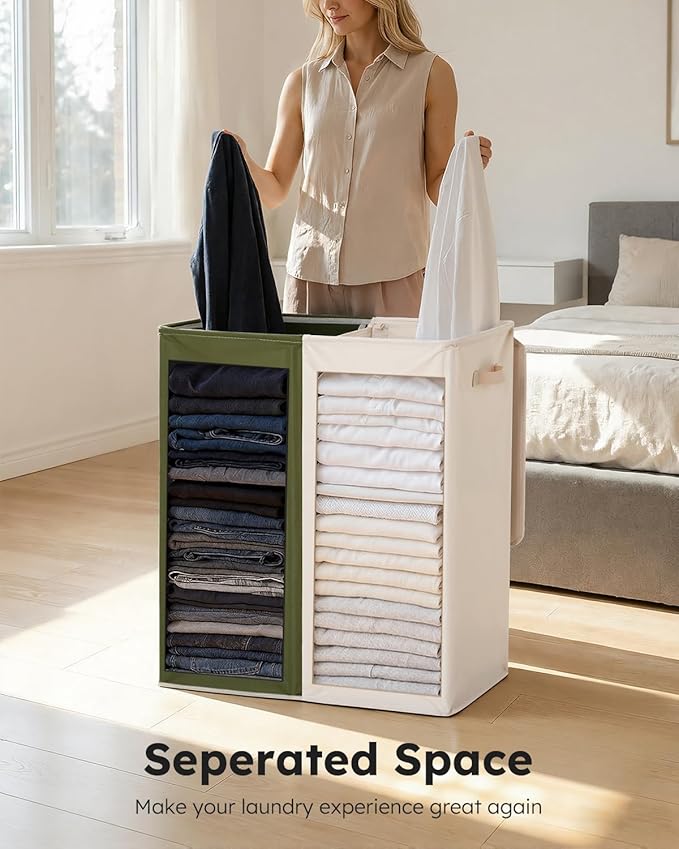 SOLEDI Large Double Laundry Hamper with Lid, Collapsible Clothes Hamper 2 section with Removable Bags, Space-Saving Laundry Basket for Bedroom, Dorm, College