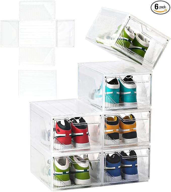 Large Shoe Boxes Clear Plastic Stackable，Drop Front Shoe Box with Clear Door, Shoe Containers For Sneaker Display,Fit up to US Size12 (white clear-Conjoined structure, 6 pack)