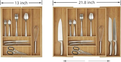 Bamboo Drawer Organizer - Expandable Kitchen Utensil Holder, Adjustable Silverware Drawer Organization, Kitchen Wooden Tray for Cutlery, Flatware & Stationery, 6-8 Slots (Natural)