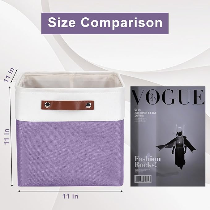 Bagnizer Collapsible Fabric Storage Cubes 11x11 Cube Storage Bins, 4 Pack Closet Baskets Box with Handles for Organizing, Shelf, Toys, Clothes, Home, Office, Nursery (Purple&White)