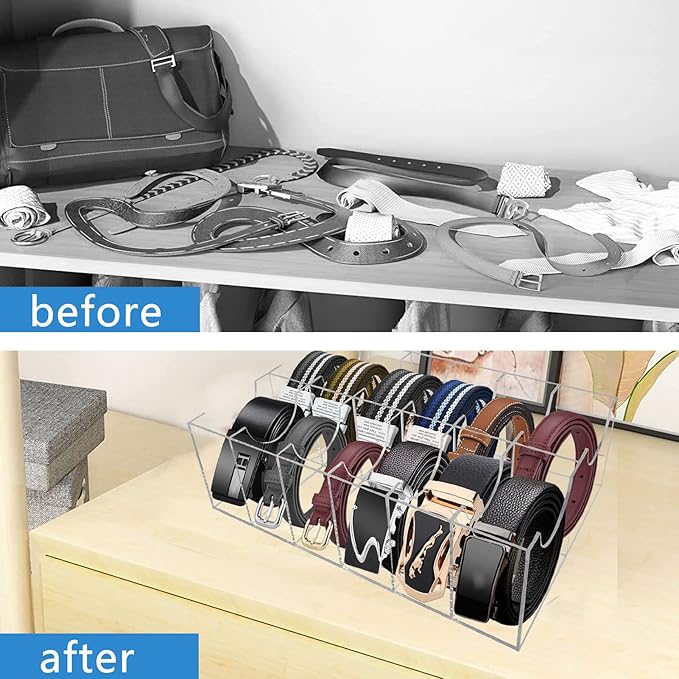 Belt Organizer, Acrylic 12 Compartments Belt Container Storage Holder, Acrylic Belt Display Storage Box, Clear Belt Display Case for Closet Tie and Bow Watch Jewelry Bracelets Ring Cosmetic…