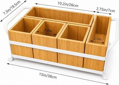 Bamboo Utensil Caddy with Handle - 5 Compartment Silverware Holder for Party & Kitchen Countertop - Removable Wooden Flatware Organizer for Picnic, BBQ, Buffet, RV & Outdoor Dining