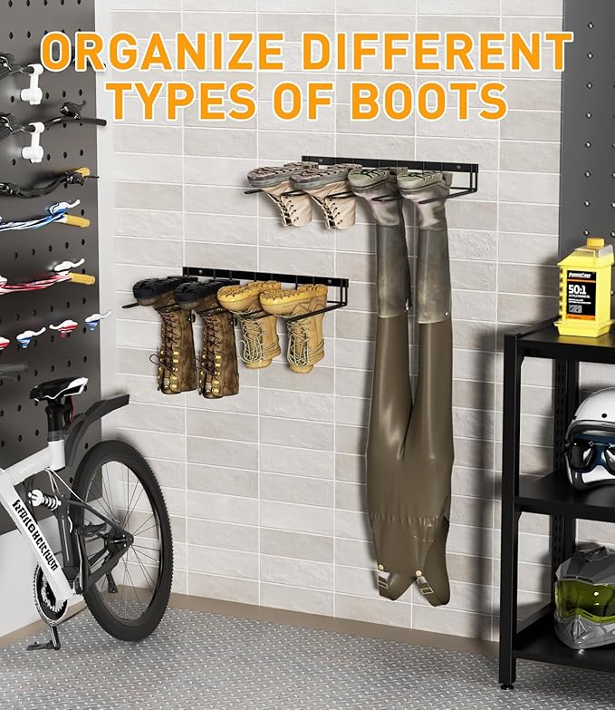 Boot Rack Wader Hanger Wall Mounted- (4 Pair) Sturdy Metal Boot Organizer, Tall Shoe Holder for Closet, Entryway, Indoor, Garage