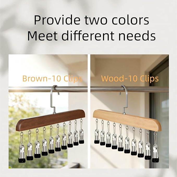 Closet Organizer with 10 Clips, Space Saving Hanging Closet Organizer, Space-Saving Hat Scarf Clothespins for Jeans Skirts Socks Pant Hangers (Brown-10 Clips, 1PC)