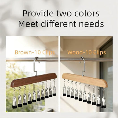 Closet Organizer with 10 Clips, Space Saving Hanging Closet Organizer, Space-Saving Hat Scarf Clothespins for Jeans Skirts Socks Pant Hangers (Brown-10 Clips, 1PC)