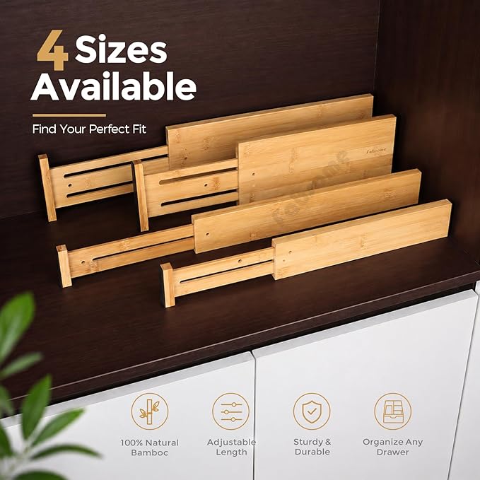 Fabsome Drawer Divider 6 Pack, Bamboo Kitchen Dividers Organizers Adjustable 17''-22'', Wooden Dresser Separators for Nursery Organization Clothes Socks Underwear Baby Clothing, with Soft Foam Ends