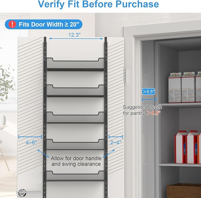 VyGrow 12.3" W Narrow Over the Door Pantry Organizer, 6-Tier Over the Door Organizer with Adjustable Basket, Pantry Door Organization for Pantry Kitchen Storage Room Spice Rack, Black
