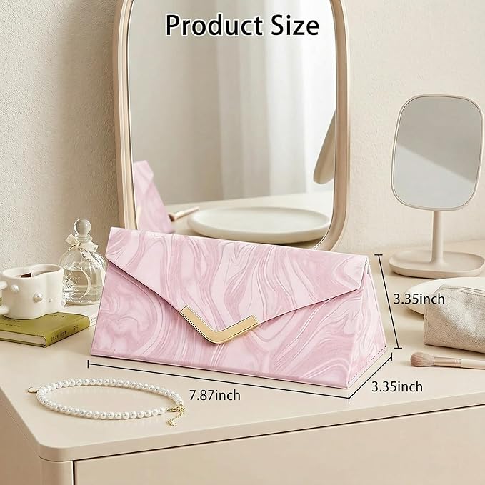 2-in-1 Travel Jewelry and Glasses Organizer, Foldable Case for Necklaces, Earrings, Rings, Bracelets, Pink Marble (Pink)