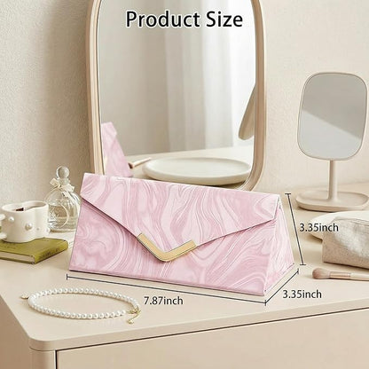 2-in-1 Travel Jewelry and Glasses Organizer, Foldable Case for Necklaces, Earrings, Rings, Bracelets, Pink Marble (Pink)