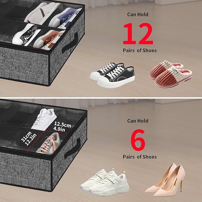 Onlyeasy Sturdy Under Bed Shoe Storage Organizer, Set of 2, Fit 12 to 24 Pairs, Underbed Shoes Closet Storage Solution with Clear Window, Breathable, L29.3 x W23.6 x H5.9, Linen-like Black, MXAUBSB2P
