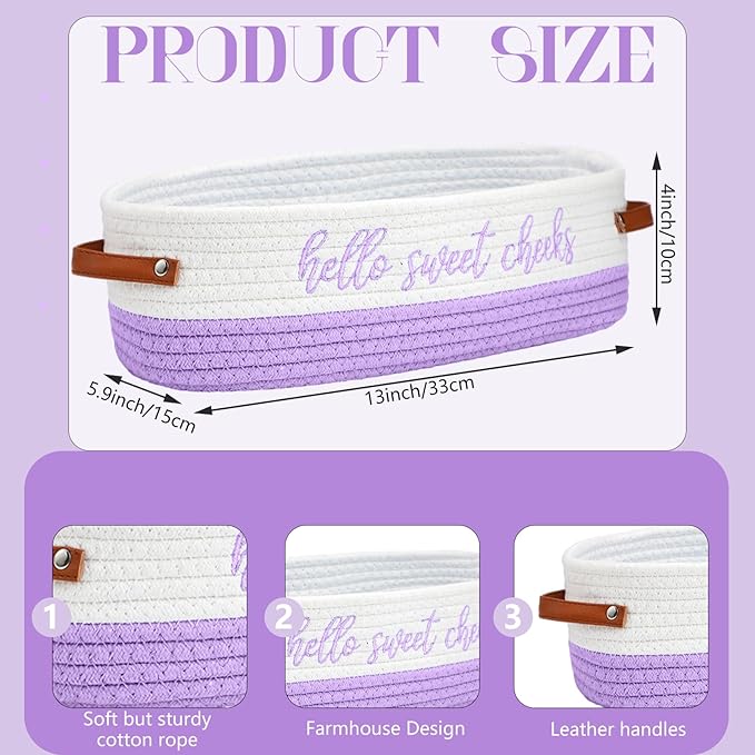 Hello Sweet Cheeks Bathroom Decoration Purple and White Cotton Rope Toilet Basket Toilet Paper Holder Basket Rustic Bathroom Organizer Farmhouse Home Decoration Organizing Small Baskets