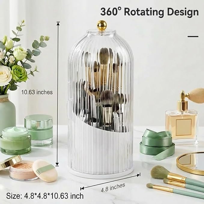 Makeup Brush Holder with Lid 360° Rotating 3-Compartment Makeup Organizers for Vanity, Waterproof & Dustproof Cosmetic Storage Box for Dressing Table (Transparent White)
