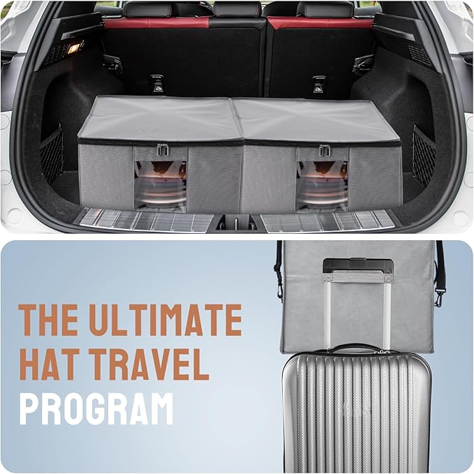 Wonderjune 2 Pcs Hat Storage Box Upgrade Stackable Organizer with Lids Cowboy Hat Box Large Square Bag Foldable Closet Sheet Organizer Travel Container for Men Women(Grey)