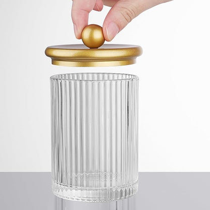 SheeChung 4-Pack Gold Ribbed Glass Qtip Holder - Apothecary Jars Bathroom Organizer Set with Lids - Vanity Storage Canisters for Cotton Balls, Pads, Swabs, Floss Picks - Modern Farmhouse