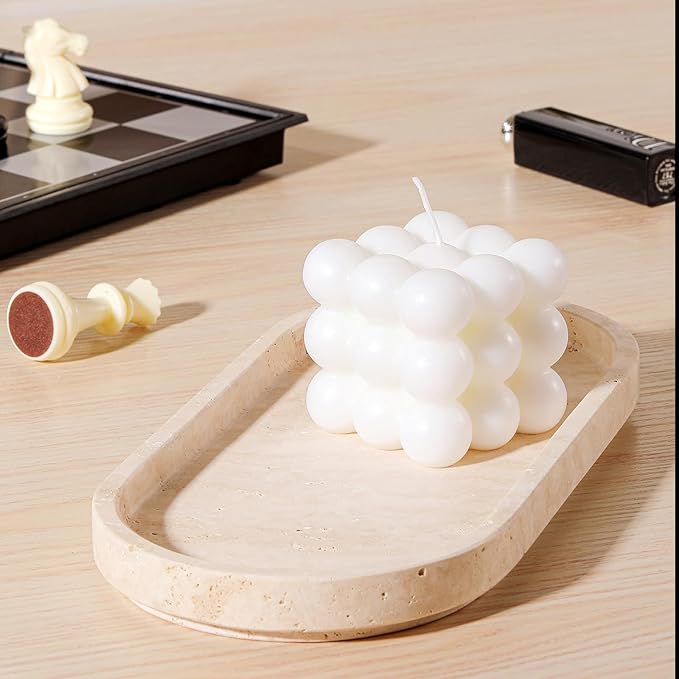 CHISELED ST DF SK Natural Travertine Oval - 10x5 Inch Bathroom and Vanity Marble Small Tray for Soap Bottle, Perfume, Aromatherapy and Jewelry Accessories - Countertop Tray with Non-Slip Raised Base