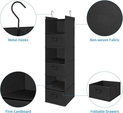 MAX Houser 6 Tier Shelf Hanging Closet Organizer, Closet Hanging Shelf with 2 Sturdy Hooks for Storage, Foldable (Black-D3)