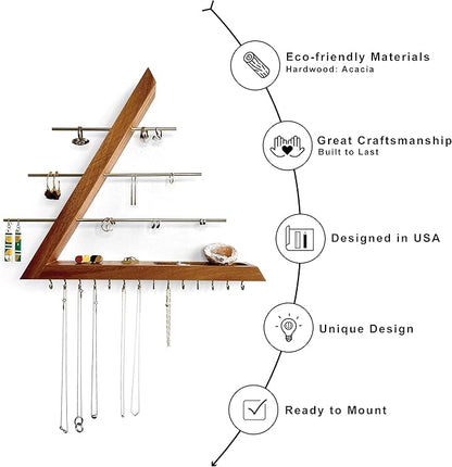 Jewelry Organizer Wall Mounted, Hardwood Hanging Jewelry Holder, Open Triangle Jewelry Display Shelf for Necklaces, Earrings, Rings and Bracelets, Gift for her, Patented (Acacia)