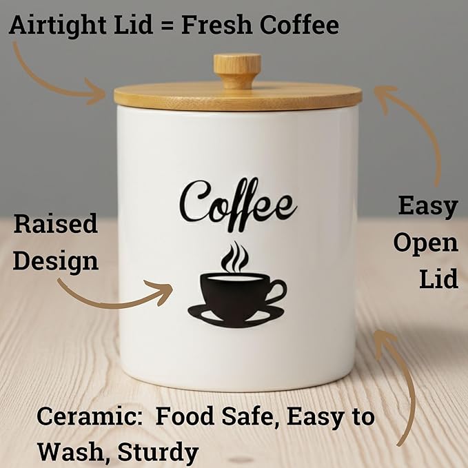 Ceramic Coffee Canister - 12 oz White Airtight Canister - 5 x 6 inch Coffee Bean Storage Container - Stylish Countertop Container for Grounds, Beans, Pods & More with Rubber-Lined Bamboo Lid
