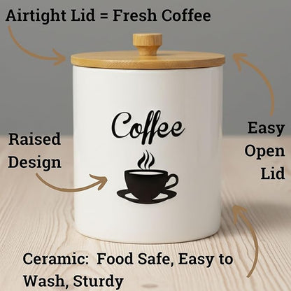 Ceramic Coffee Canister - 12 oz White Airtight Canister - 5 x 6 inch Coffee Bean Storage Container - Stylish Countertop Container for Grounds, Beans, Pods & More with Rubber-Lined Bamboo Lid