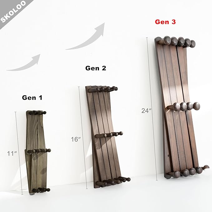 SKOLOO Large Hat Rack for Wall, Wooden Accordion Wall Hanger, Modern, Expandable Coat Hooks, Hat Display Rack for Home, Office, and Studio, 14 Peg, Walnut