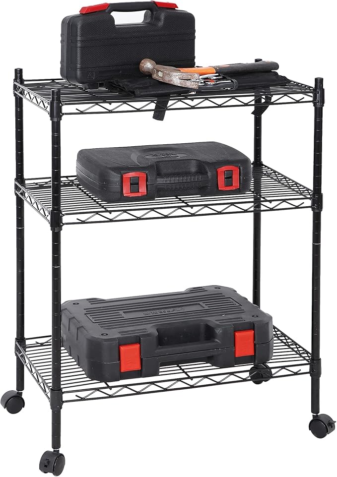 SUPER DEAL 3-Shelf Adjustable Heavy Duty Storage Wire Shelving Unit with Wheels, Metal Organizer Wire Rack Microwave Utility Cart, Black (24L x 14W x 31H)