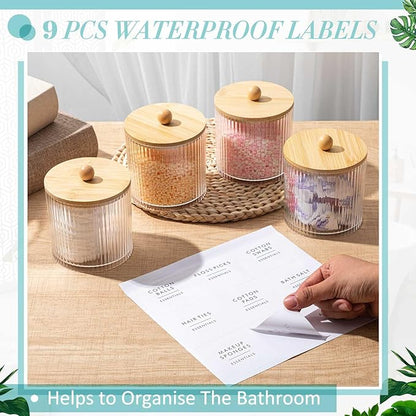 Yaomiao 6 Pcs Ribbed Bathroom Canisters Apothecary Jars with Wood Color Bamboo Lids and Label Stickers, 18 oz Plastic Canister with Fluted Design for Cotton Ball, Swab, Floss Picks House Storage
