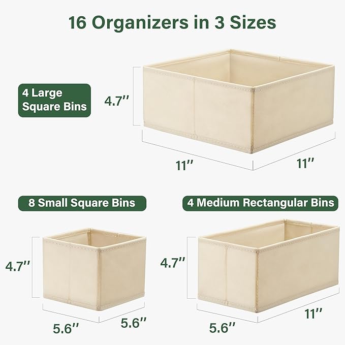 Kootek 16 Pack Drawer Organizer Clothes, Dresser Drawer Organizers for Clothing Fabric Foldable Closet Organizers and Storage Bins for Baby Clothes, Nursery, Underwear, Bras, Socks