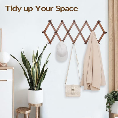 SCUNDA Hat Rack for Wall, Expandable Wall Hat Holder with 16 Hooks, 16 inch Wooden Wall Hook for Baseball Caps,Cowboy, Bag,Hoodie(Brown)