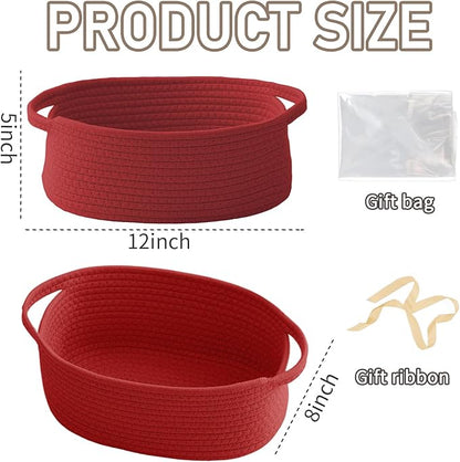 JMvicyroam Woven Basket,Small Rope Storage Bin with Handles & Ribbon Bag, Organizer for Shelves Closets,Gift Basket Empty for Birthday,Books,Dog Toys, Red