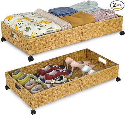 Under Bed Storage Containers with Wheels, 31.5” Large Handwoven Rattan Rolling UnderBed Storage Bins, Tool-free Assembly Natural Under The Bed Organizer Drawers for Bedroom, Sheets Clothes Blankets