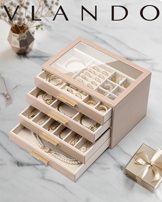 VLANDO 4 Layer Jewelry Box for Women, Mothers Day Gifts for Women, Glass Lid Jewelry Organizer with 4 Drawers for Necklaces Rings Earrings Bracelets - Toffee