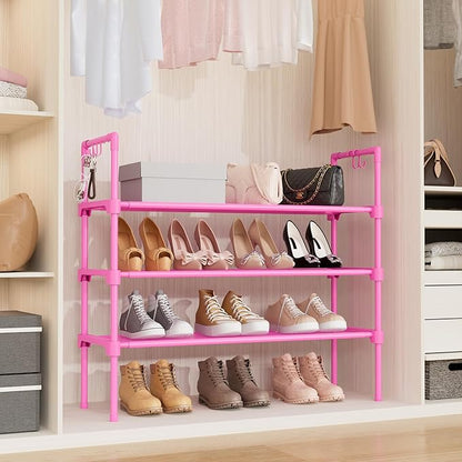 LANTEFUL 3 Tier Shoe Rack for Closet, Shoe Organizer with 5 Hooks, Long Shoe Shelf Storage for Shoe and Boot Stackable Free Standing Shoe Rack for Entryway, Garage, Small Spaces, Dorm, Pink