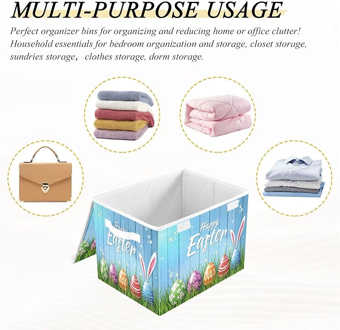 senya Easter Baskets Collapsible Storage Bins with Lids, Happy Easter Bunny Eggs Storage Boxes Clothes Baskets for Organizing